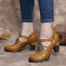 SOCOFY Vintage Leather Adjustable Buckle Strap Cut  out Burnished Chunky Heel Heels