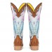 Women Retro Floral Print Square Toe Slip  on Cowboy Boots
