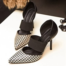 Women Plaid Stripe Check Pointed Toe Slip On High Heel Pumps