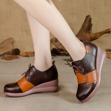 Women Retro Colorblock Handmade Genuine Leather Soft Comfy Wedges Shoes