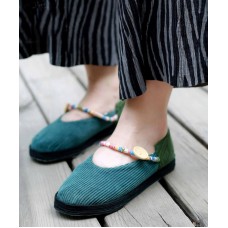 Green Flat Feet Shoes Cotton Fabric Elegant Buckle Strap Flat Shoes