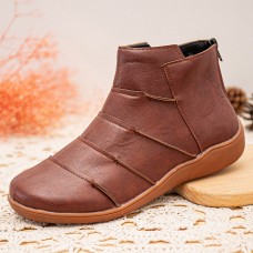 Women Retro Slip Resistant Soft Sole Back Zipper Stitching Flat Ankle Boots