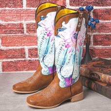 Women Retro Floral Print Square Toe Slip  on Cowboy Boots