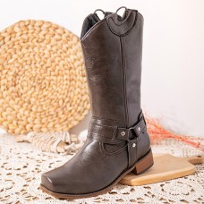 Women Retro Long Square Toe Slip  on Harness Boots